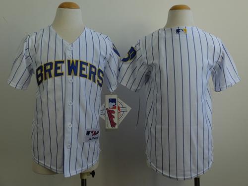 Brewers Blank White(blue stripe) Cool Base Stitched Youth MLB Jersey - Click Image to Close